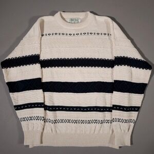 Ash Creek Trading Sweater Mens XL Cream Navy‎ Striped Textured Cotton Knit USA